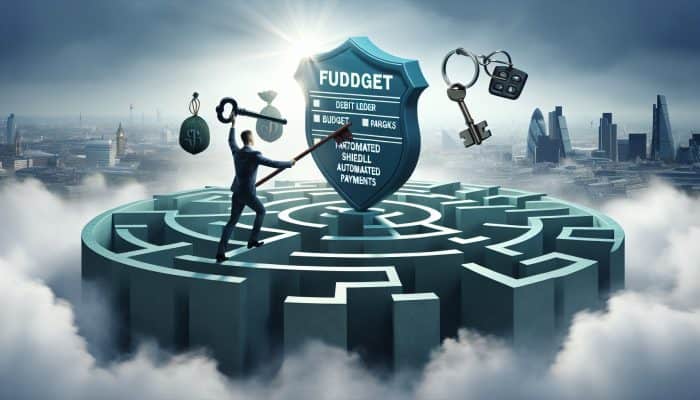 How Debt Consolidation Affects Future Borrowing | DCL Determined individual navigating maze of debt ledgers and pitfalls labeled "missed payments," holding budget shield and payment keys in foggy London skyline.