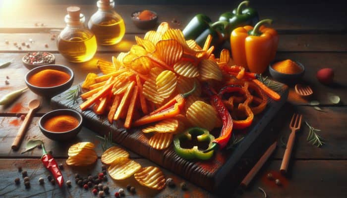 Air-fried snacks: golden potato chips, glazed carrot sticks, charred bell peppers on rustic board, seasoned with spices and olive oil.