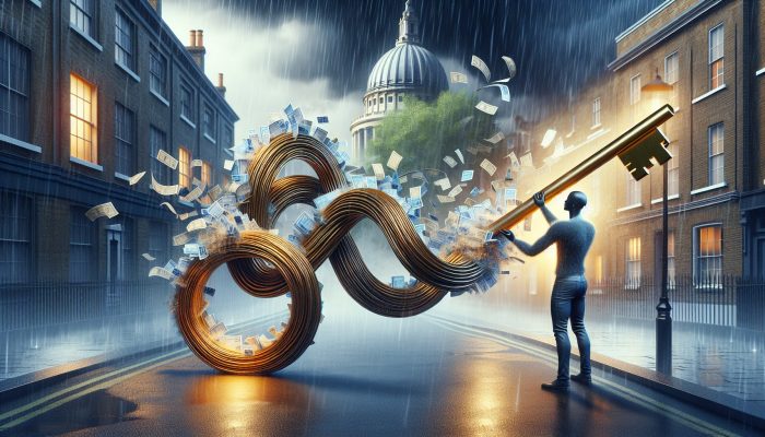 Debt Consolidation Loans vs Peer-to-Peer Lending | DCL Person in rainy London street holding golden key labeled "Debt Consolidation Loan," with swirling bills and credit cards merging into it, symbolizing simplified finances.