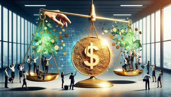 Debt Consolidation Loans vs Peer-to-Peer Lending | DCL A balanced scale in a financial office: tangled debt chains merging into a golden loan versus people shaking hands on digital peer-to-peer transactions with floating green money icons.