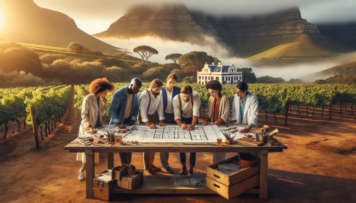 Architects in Stellenbosch reviewing blueprints for a historic Cape Dutch house, surrounded by vineyards and mountains under golden sunlight.