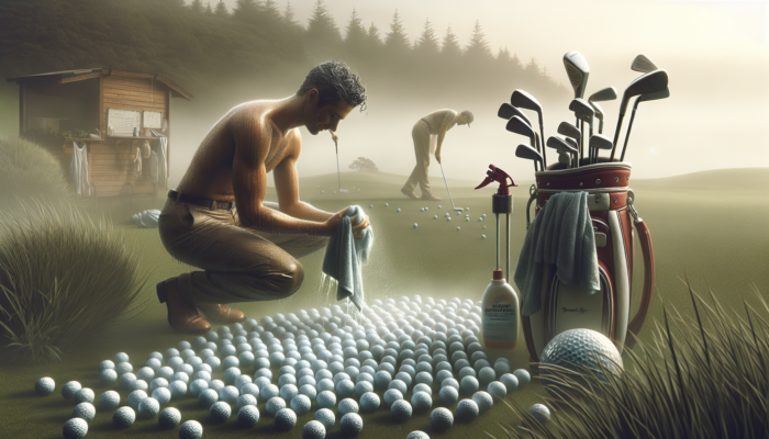 A focused golfer in misty KwaZulu-Natal dries wet golf balls and sprays clubs in a ventilated shed.