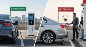 A split image showcasing an Electric Car charging at a station labelled "ELECTRIC CAR RENTAL" on the left, and a man refuelling a Gas Car under a "GAS CAR RENTAL" sign on the right. Both vehicles are positioned outdoors against a city skyline, illustrating contemporary rental options.