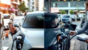A split image showcases two electric cars charging on a city street. To the right, an individual plugs in a blue car beneath an "Electric Car Rental" sign—ideal for those exploring their rental options.
