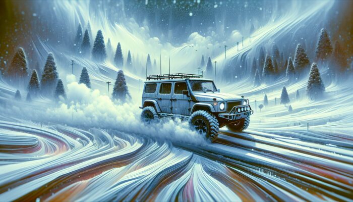 A robust SUV with snow tyres and a powerful heating system navigating safely through icy, snowy roads.