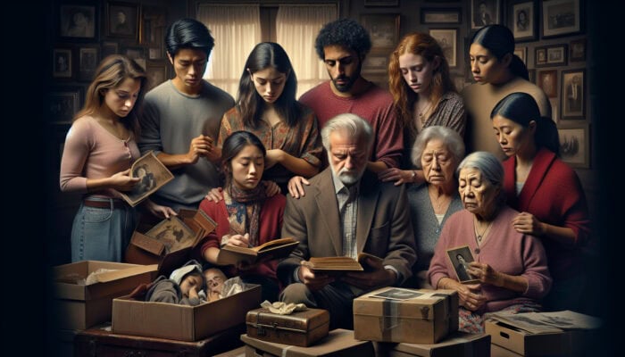 Clearing a UK Home After Loss: Family sorting heirlooms in a warmly lit living room, discussing emotions and documenting items amid old photos and boxes.