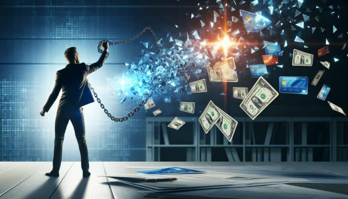 Key Benefits of Debt Consolidation: Essential Tips for UK Residents | DCL A determined professional in a modern office breaking free from credit card chains, clutching a loan document, and showcasing an upward-trending graph of debt consolidation benefits.