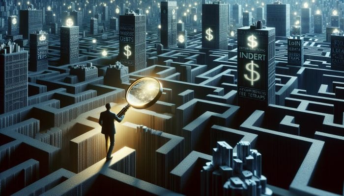 Key Benefits of Debt Consolidation: Essential Tips for UK Residents | DCL Navigator carefully navigating through a complex maze of towering debt stacks and hidden fee traps, using a glowing magnifying glass to scrutinise lender documentation.