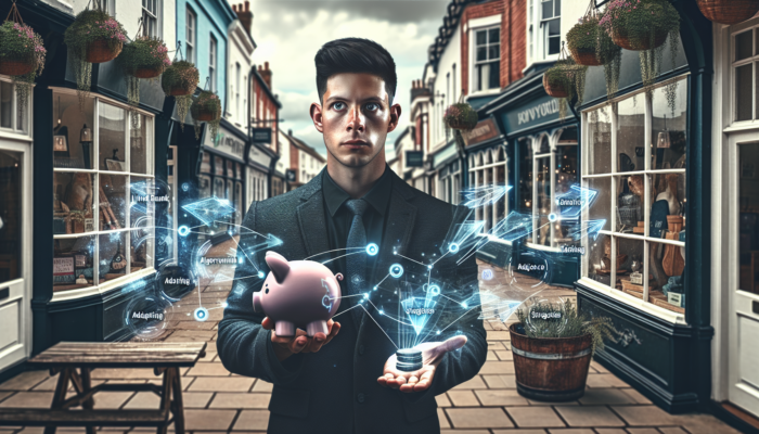 Determined business owner in Corsham shop, surrounded by flickering screens of algorithm changes, juggles budget piggy bank and sharpens targeting arrows.