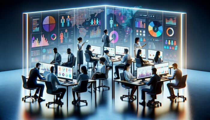 A diverse team of analysts collaborates on user intent research in a modern office, surrounded by screens displaying data charts, personas, and surveys.