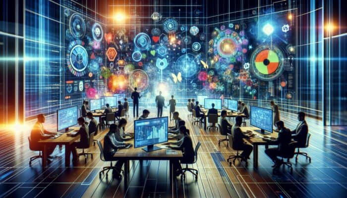 Analysts review Google Analytics dashboards, Ahrefs keyword clouds, and social listening feeds in a digital workspace.