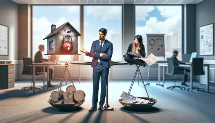 Debt Consolidation Loan Regrets and Lessons: What to Know | DCL UK bank advisor guides worried borrower: secured loan as locked house, unsecured as floating papers, with scattered charts.