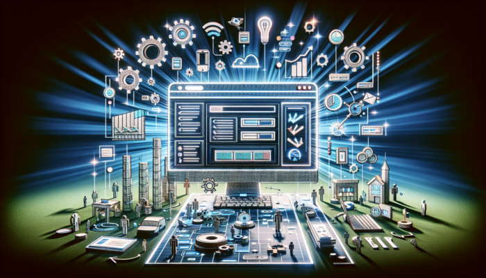 A digital workspace screen showing website optimisation for a Bampton business, with fast-loading pages, intuitive navigation, local landmarks, and error-scanning tools.