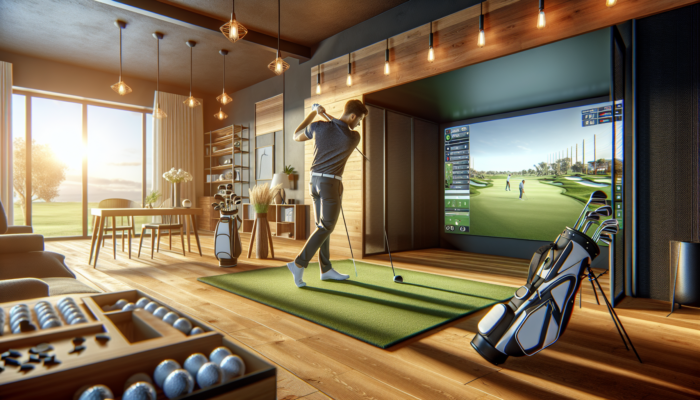 A focused golfer practising on a high-tech indoor simulator in a modern South African home, surrounded by reliable equipment under warm lighting.