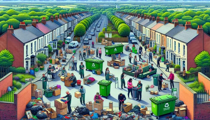 Workers in Newcastle sort recyclable furniture and clothing for charity, surrounded by green bins, eco signs, and urban parks.