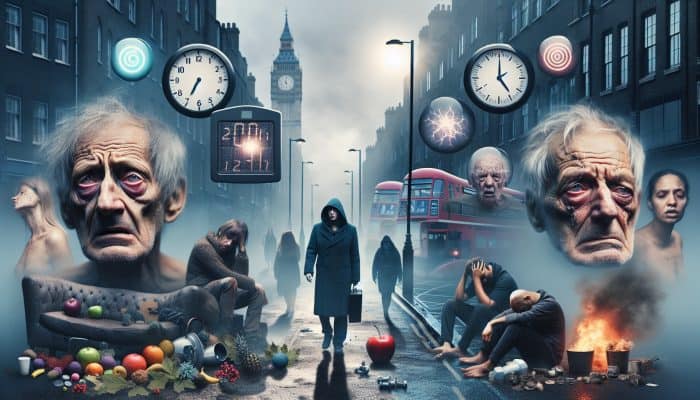 Exploring Hormonal Imbalance: Foggy London street with weary adults showing fatigue, mood swings, weight scales, and clocks depicting UK hormone imbalances.