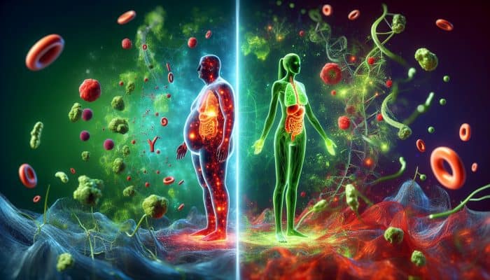 A divided human figure illustration: chaotic red hormones contribute to overweight on one side, balanced green hormones depict a slim body in a biological landscape.