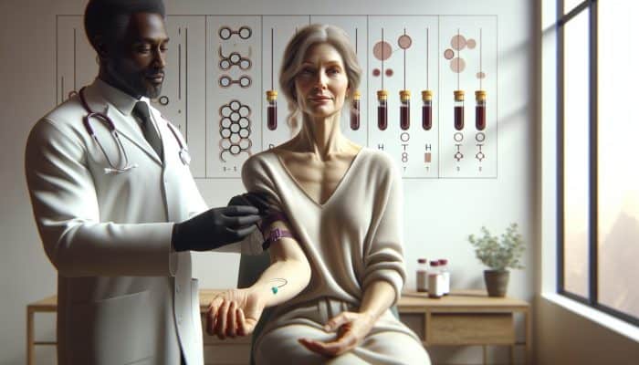 Menopause Blood Test in Halesowen: A middle-aged woman in a clinic extends her arm for a blood draw, as a doctor holds vials labeled FSH and oestradiol, with hormone graphs on the wall.
