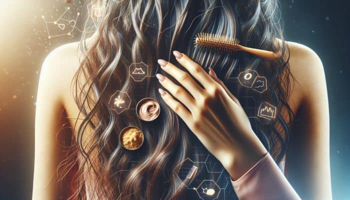 Close-up of a woman's long, frizzy hair with split ends and dryness, as a hand applies a deep conditioning mask in soft, natural light.