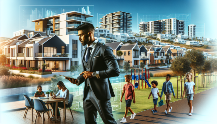 In Umhlanga, a diverse family strolls past modern homes and a playground near a school, while an investor examines a high-rise property.