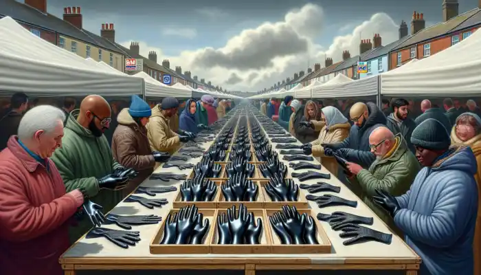 A bustling market scene in Poole where vendors showcase shiny black latex gauntlet gloves on wooden stalls, with shoppers inspecting them under overcast skies featuring B&M and Tesco signage.