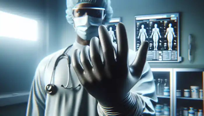 A close-up of latex gauntlet gloves worn by a healthcare worker in a sterile Poole clinic, emphasizing the importance of protection during medical procedures.