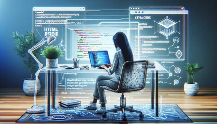 A web developer at a modern desk optimises a webpage on a laptop, displaying HTML code with highlighted title tags, H1-H3 headers, keyword icons, and a content flowchart.