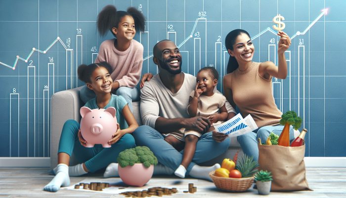 How to Consolidate Debt and Save Money: Expert Tips | DCL A joyful UK family in a modern London home smiles at financial documents showing lower debt, with an overflowing piggy bank, investment charts, and groceries symbolising financial stability.