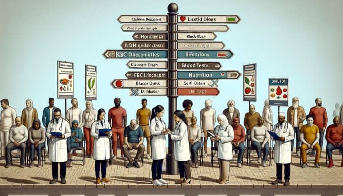 Community health fair in Horndean, UK: diverse residents queue for FBC blood tests, health workers discuss nutritional deficiencies, and posters promote balanced diets.