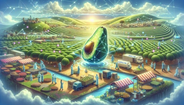 A blockchain network shows avocados traveling from farm to market, with digital locks, data streams, and inspectors ensuring quality.