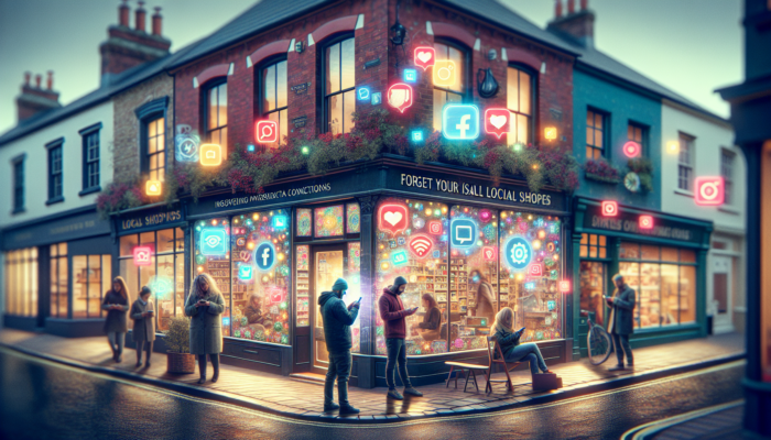Vibrant Swindon street scene: local shops with glowing social media icons, people engaging via smartphones to build community connections.