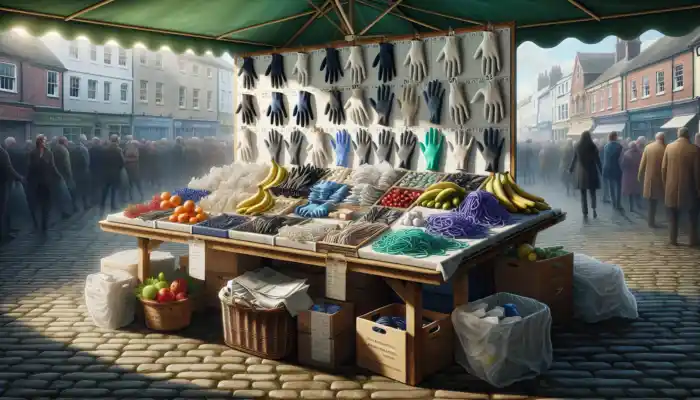Harrogate market stall with sturdy PVC gloves, torn latex ones, and durable nitrile gloves on a wooden table under natural light.