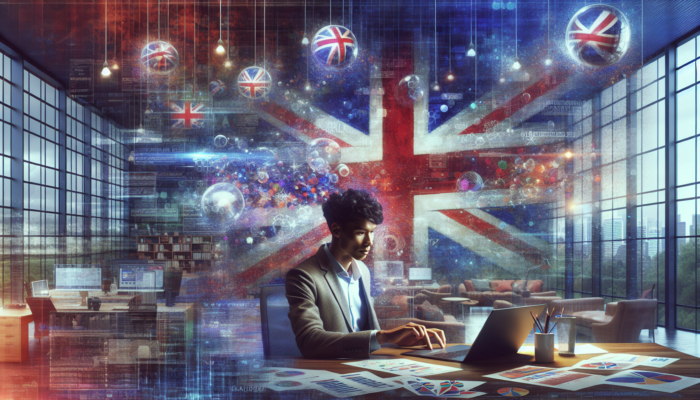 Entrepreneur in a modern London office views responsive website on laptop, showing rising sales graphs and e-commerce icons under Union Jack.