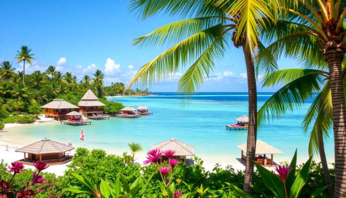 Scenic view of a tropical Belize beach featuring luxurious accommodations like beachside bungalows and eco-lodges, surrounded by lush greenery and vibrant flora under a clear blue sky.