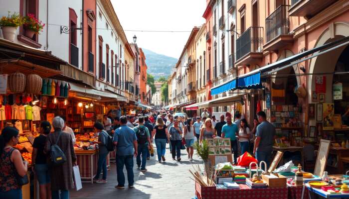 Vibrant artisan market in San Miguel de Allende featuring colourful stalls, local crafts, street performers, and a lively crowd enjoying music and food amidst historic architecture.