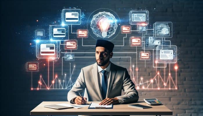 Professional at a desk with floating credit cards and bills merging into a loan document, graphs, and a lightbulb for debt consolidation clarity.