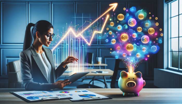 A financial analyst comparing colourful insurance quotes on a tablet in a modern office, accompanied by savings graphs and a bursting piggy bank.