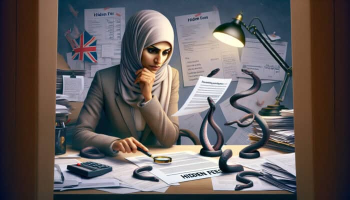 An analyst in a cluttered British office examines a quote with a magnifying glass, revealing hidden costs symbolised by shadowy serpents in the fine print.