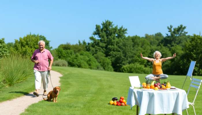 Elderly couple enjoying wellness activities outdoors, with one walking a dog, another practising yoga, and a table of fresh fruits and vegetables, surrounded by lush greenery and blue sky.