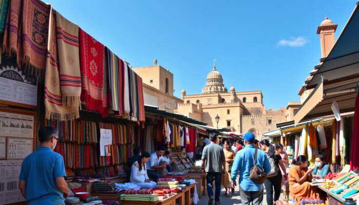 A lively market filled with local artisans displaying traditional crafts and colourful textiles, with people participating in cultural activities against a backdrop of historic architecture under a clear blue sky.