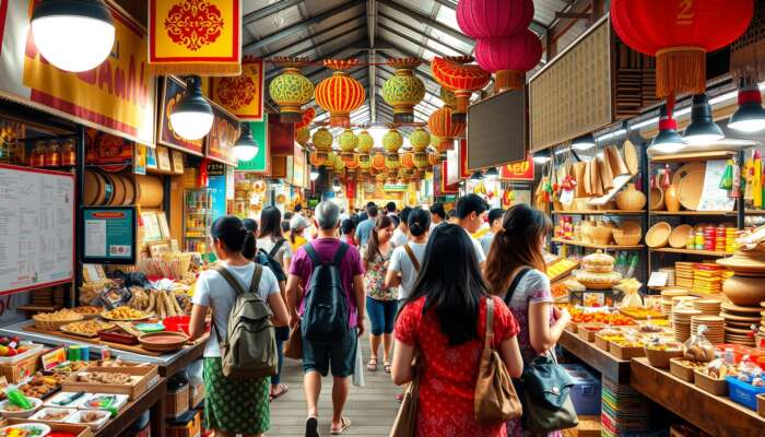 Diverse group of tourists interacting with local artisans in a lively market filled with traditional crafts, cultural performances, and authentic cuisine under colourful heritage decorations.