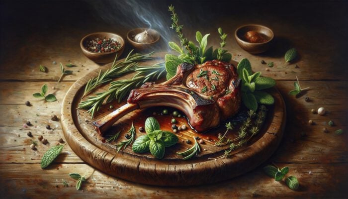 A beautifully roasted lamb chop garnished with fresh rosemary, thyme, and mint sprigs on a rustic wooden platter, with steam rising.