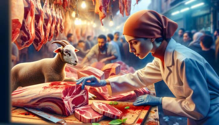 A skilled butcher inspecting fresh lamb cuts with even marbling and vibrant red meat in a lively market under warm lighting.