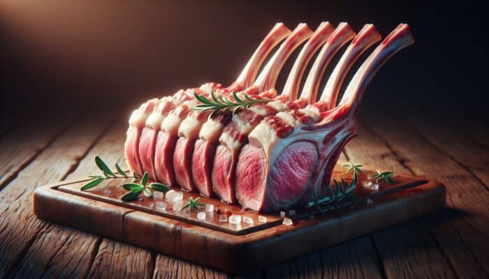 A trimmed rack of lamb showcasing marbled creamy fat and rosy lean meat, presented on a wooden board under warm golden light.