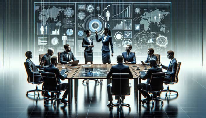 Negotiators in a boardroom analysing data on screens, discussing BATNA with gestures, using software amid charts and documents.