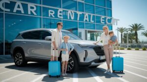 A family of four enjoys their Family Vacation, standing by a silver SUV with blue suitcases outside a modern car rental centre. The adults smile; one child holds a suitcase while the other is carried, with palm trees swaying in the background.