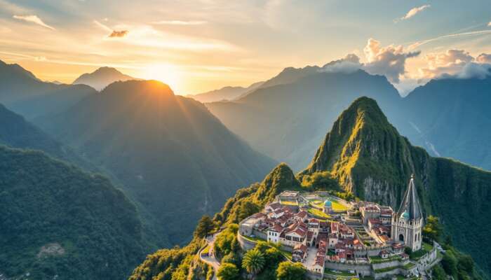 Breathtaking landscape with dramatic mountains, lush greenery, and a vibrant sunrise, showcasing a picturesque architectural landmark in the foreground.
