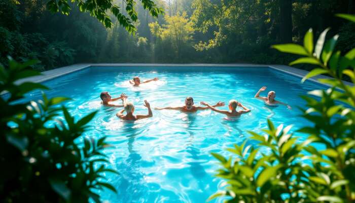A serene swimming pool with people of various ages swimming and exercising, surrounded by greenery, reflecting a peaceful atmosphere that promotes health and well-being.