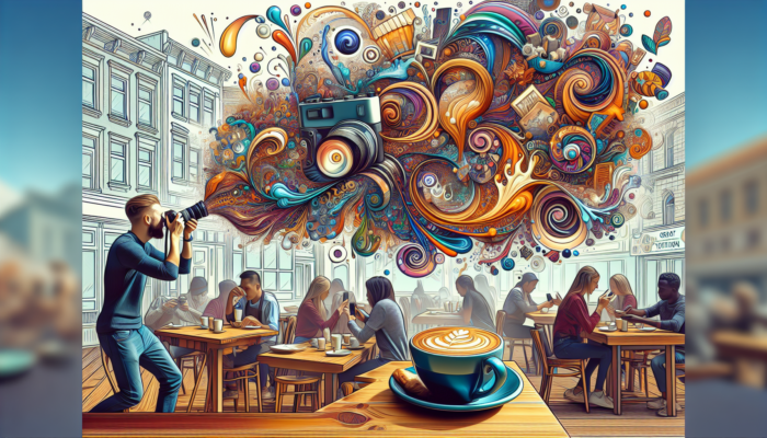 A bustling coffee shop in Great Torrington: a food influencer photographs lattes and pastries, with floating social media icons symbolizing brand growth.