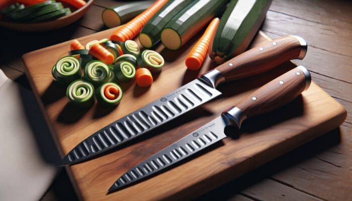 A chef's knife and paring knife on a wooden board with spiral-cut carrots and zucchini, featuring ergonomic handles.